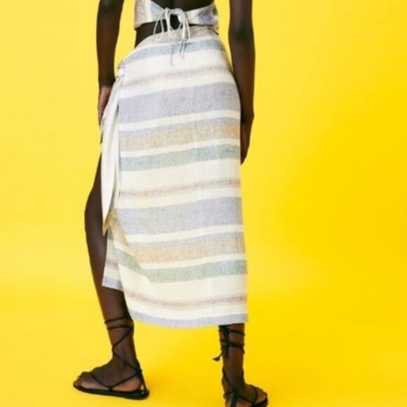 Zara Blue Green Striped Wrap Skirt - Picture 7 of 7